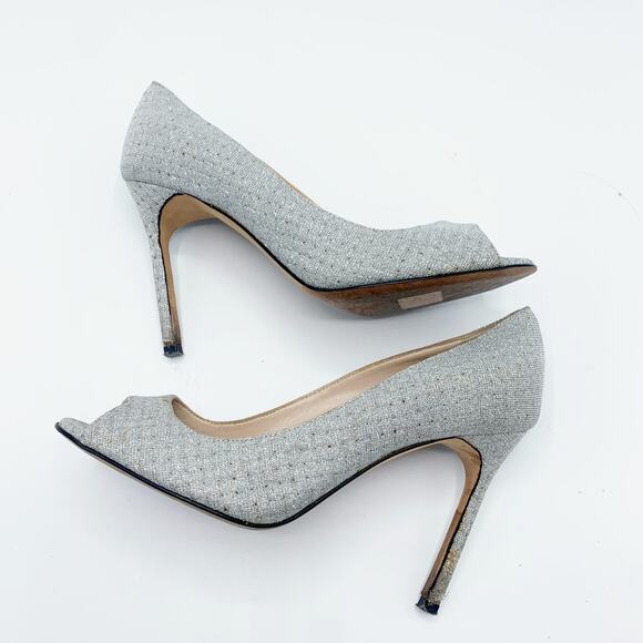 Manolo Blahnik Sparkly Silver Open Toe Heels - Picture 8 of 12